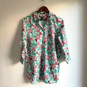 Lands End Womens Shirt Cotton Green Red Floral Button Front 3/4 Sleeve Size 10